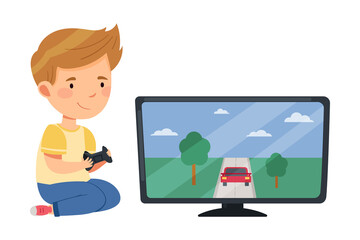 Cute Boy Sitting with Gamepad on the Floor and Playing Video Game Vector Illustration