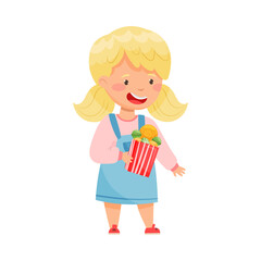 Cute Girl Holding Package with Sweets and Candy Vector Illustration