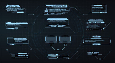Callouts. Callout bar labels with titles in HUD style. Interface elements, UI, GUI. Info boxes hud templates. Futuristic set advertising communication. Vector illustration