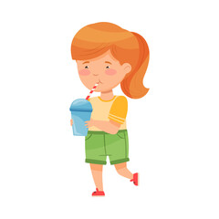 Funny Girl Holding Glass with Soda Drink and Straw Vector Illustration