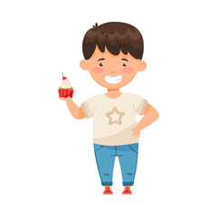 Little Boy Holding Cupcake with Whipped Cream Vector Illustration