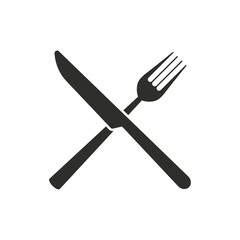 Monochrome cutlery set of crossed fork and knife. Restaurant icon.