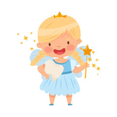 Cute Little Tooth Fairy with First Baby Tooth and Wand Vector Illustration