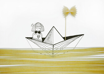An illustration of a girl floating in a boat in a sea of real raw pasta