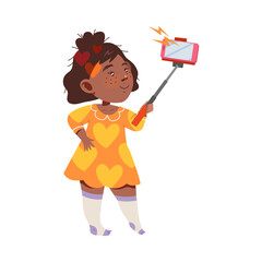 Smiling Girl with Freckles Holding Selfie Stick Taking Photo Vector Illustration