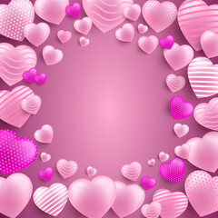 Fototapeta na wymiar Valentine's Day background with place for text, 3d hearts on a pink background. Vector illustration.