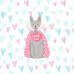 Funny grey cat in king coat with pink heart for Valentine day. Vector hand-drawn illustration for February, 14 with seamless pattern on the background.