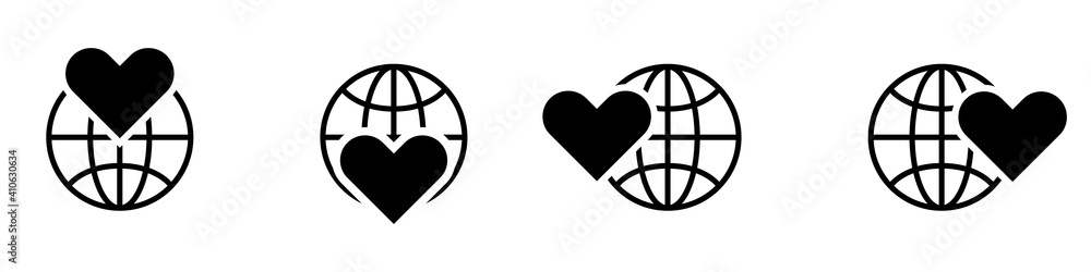 Poster vector planet earth icon with heart symbol. vector set of linear icons of globes in flat style. worl