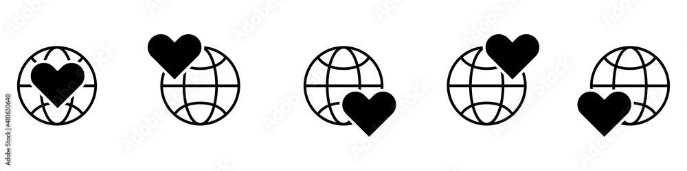 Poster vector planet earth icon with heart symbol. vector set of linear icons of globes in flat style. worl