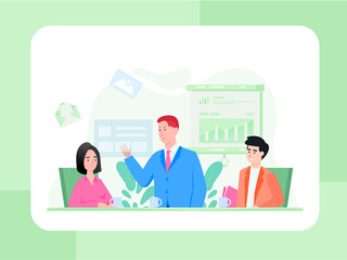 Illustration Vector Graphic of Startup, a boss sitting arround table and discussing work issues, this illustration perfect for website, landing page, web, app, and banner