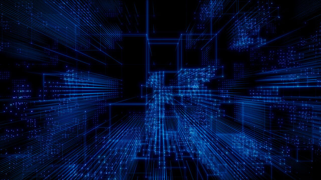 Futuristic, Blue Digital Grid background. Network Tech Wallpaper. 3D Render 