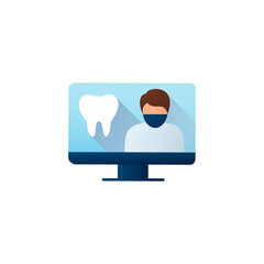 Online dentistry flat icon. Telehealth medical care. Virtual dentist consultation. Telemedicine, health care concept. Online stomatology, dental medicine. Color vector illustration with shadow