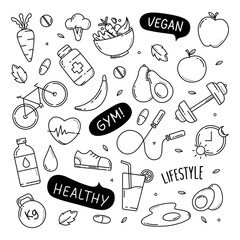 Healthy lifestyle cute doodle hand drawn elements vector illustration