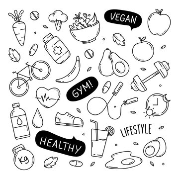 Healthy lifestyle cute doodle hand drawn elements vector illustration