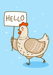 Cute chicken on blue background - cartoon hen character for happy farm design