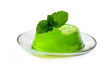 Mint jelly on glass saucer isolated on white