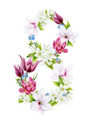 Fototapeta premium Watercolour illustration. The number eight is collected from spring flowers. Watercolour magnolias, tulips, apple blossoms and forget-me-nots.