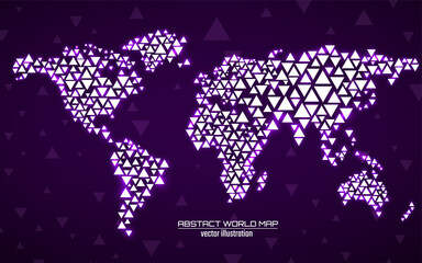 Abstract geometric world map with glowing triangles. Triangular neon background