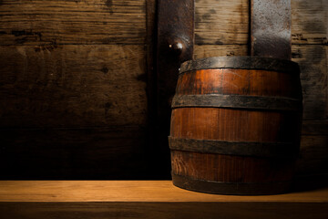 background of barrel and worn old table of wood