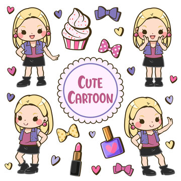 Kawaii little girl cartoon with cute element. Cartoon style vector illustration, clip art. This cute element object design for wallpaper, web page background, card, banner design and more.