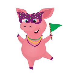 Mardi Gras carnaval funny cartoon character. Carnaval Pig with purpure venetian mask and purpure, green and yellow beads, isolated on white background.