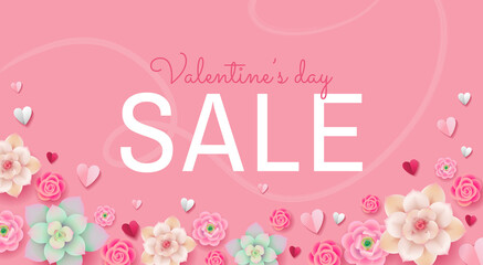 Valentine's Day Sale web banner or flyer concept with white and pink paper hearts and cute flowers illustration. Romantic design template in vector