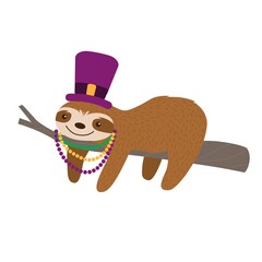 Mardi Gras carnaval funny cartoon character. Carnaval Sloth Bear with purpure venetian mask and purpure, green and yellow beads, isolated on white background.