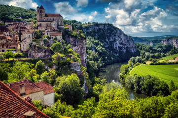 The village of Saint-Cirq-Lapopie, in the Lot Department of France, officially on of the most...
