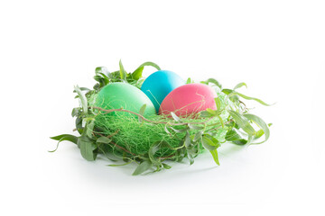 background for an Easter card with eggs and nest