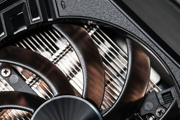 New shiny black GPU cooler fragment, close-up