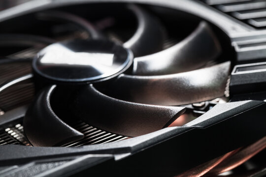 New shiny black plastic GPU cooler, close-up photo