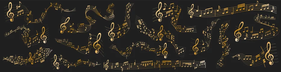 Fotobehang vector sheet music - gold musical notes melody on dark background  © agrus