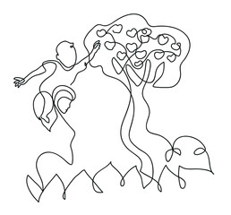 One line drawing of mother and little child are playing together on nature.
One continuous line drawing of family concept.