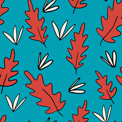Fototapeta na wymiar Cute cartoon doodle flower seamless pattern. Background with plant, leaves. Wrapping paper, textile.