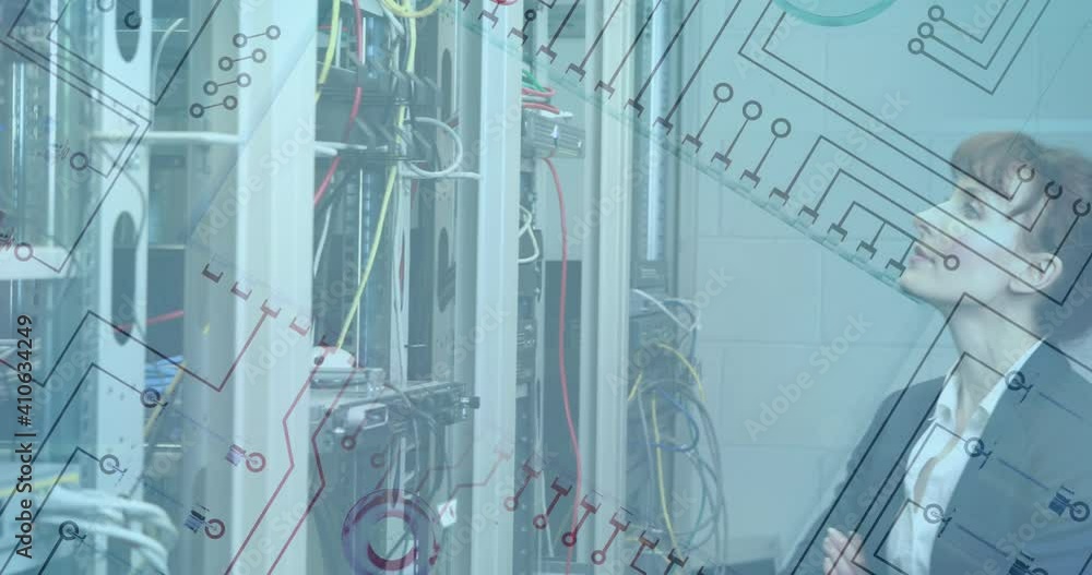 Poster animation of microprocessor blueprint over caucasian woman working in server room