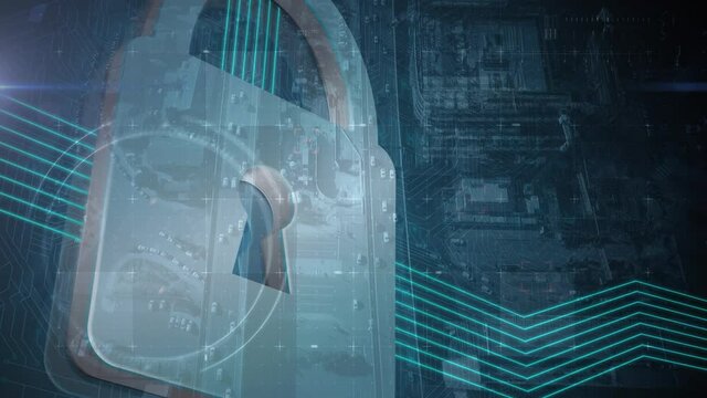 Animation of padlock and interface with moving blue data and infomation