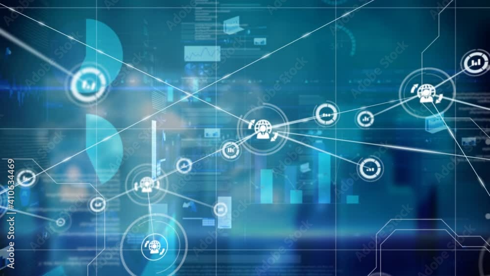 Poster animation of connected technological icons with graphs data and information floating