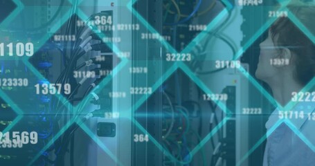 Animation of floating changing numbers over caucasian woman working in server room - Powered by Adobe