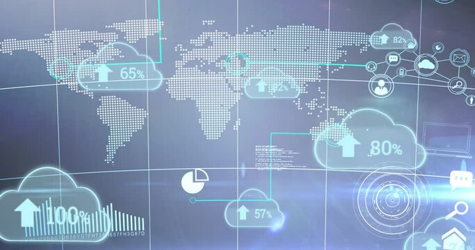 Animation of blue clouds with rising numbers and arrows floating oer a world map