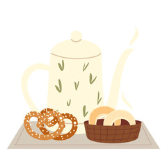 teapot with pretzels and donuts in tray