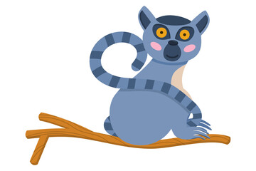 An animal from Madagascar. A lemur with large eyes sits on a tree branch with its striped tail raised up, isolated against a white background. Vector illustration for children © Анжелика Полтавец