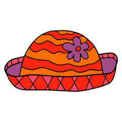 Cartoon doodle linear female hat with flower isolated on white background. Vector illustration.