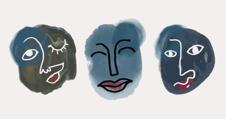Abstract prints with minimal face. One line drawing on watercolor geometric shapes.