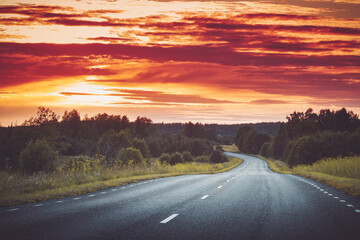 Beautiful road panorama on sunny spring evening