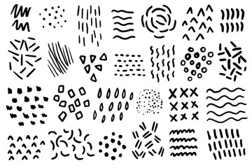 Abstract doodle collection of different shapes, brush strokes, patterns. Hand drawn set of Memphis elements. Vector illustration.