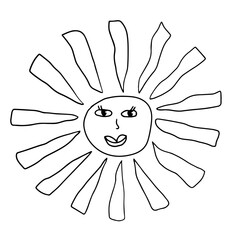 Cartoon linear doodle retro happy sun isolated on white background. Vector illustration.