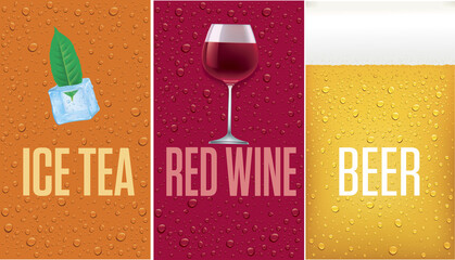 banners with beer, red wine, ice tea, and many fresh drops