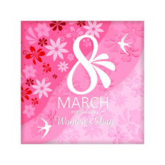 Postcard from March 8, Happy Woman's Day in paper style. Bright greeting card with flowers. Vector illustration