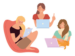 home working, female characters using laptop devices work