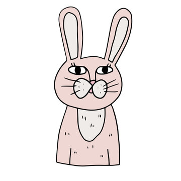 Cute cartoon doodle bunny isolated on white background. Funny rabbit. Vector illustration.